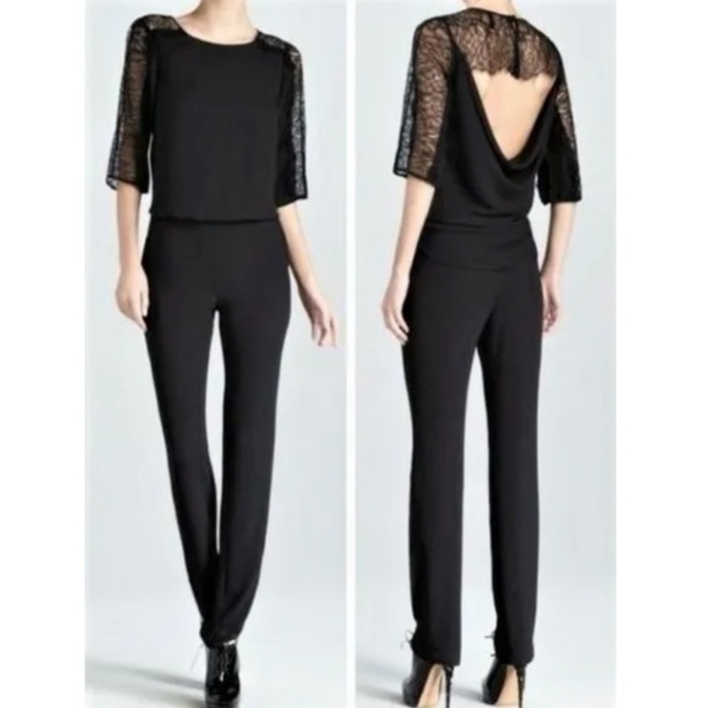 BCBGMaxazria Carley Lace Shoulder Open Back Chiffon Jumpsuit Boat Neck XS